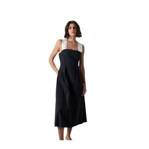 Luxmii women's Gessato midi Navy Pinstripe Midi Dress size Small $299‎